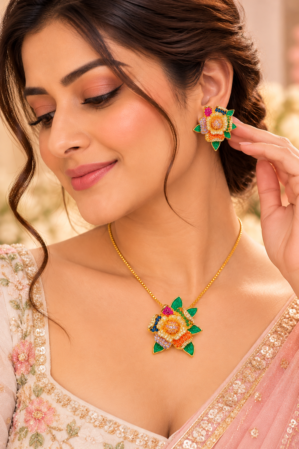 18K Gold-Finish Anti-Tarnish Multicolour Floral & Green Leaf Jewellery Set