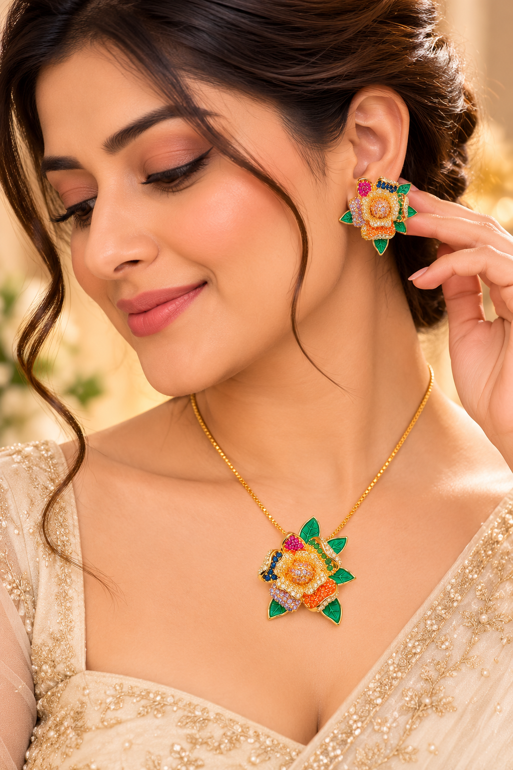 18K Gold-Finish Anti-Tarnish Multicolour Floral & Green Leaf Jewellery Set