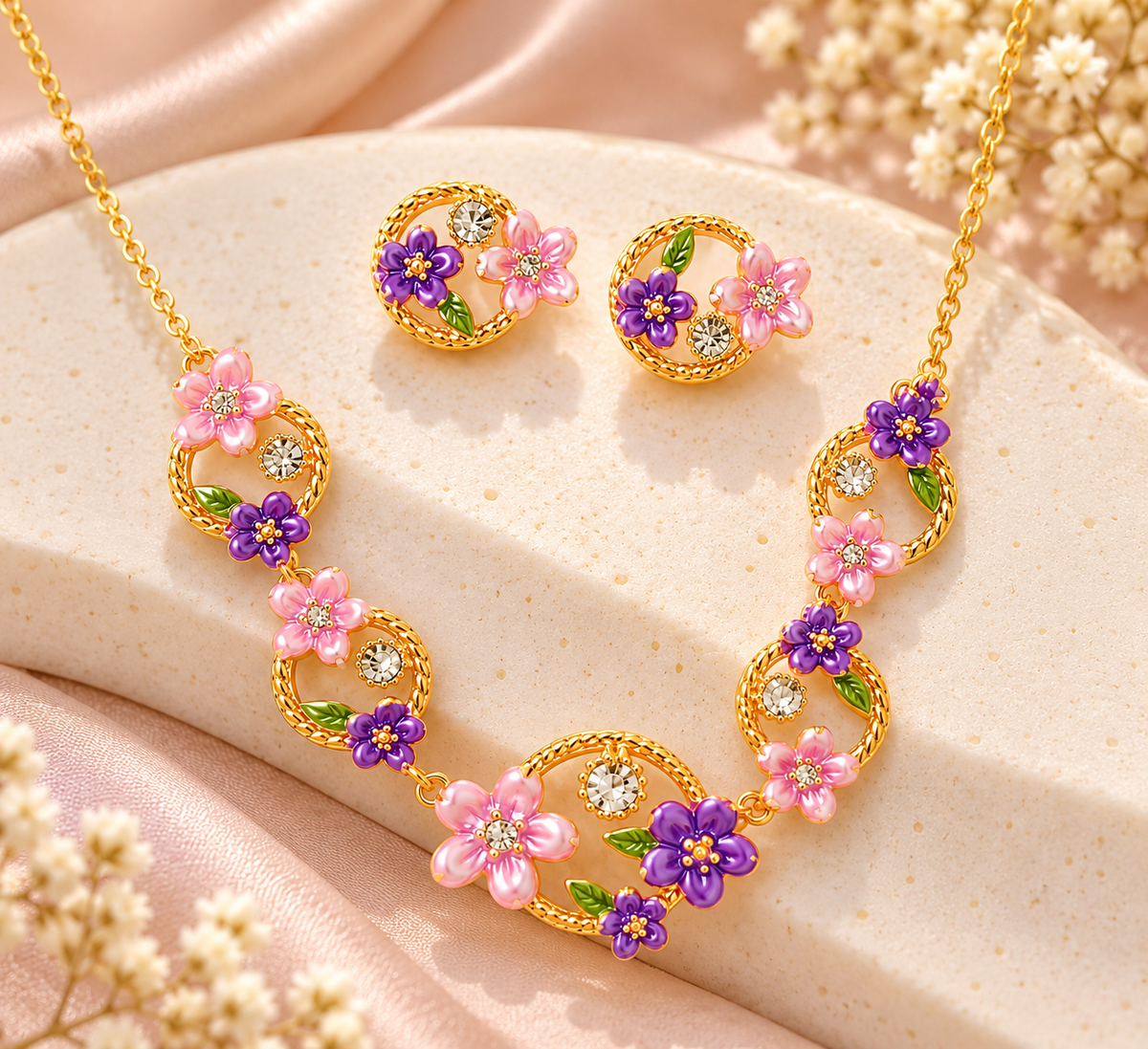 18K Gold-Finish Anti-Tarnish Purple & Pink Floral Circle Necklace Set