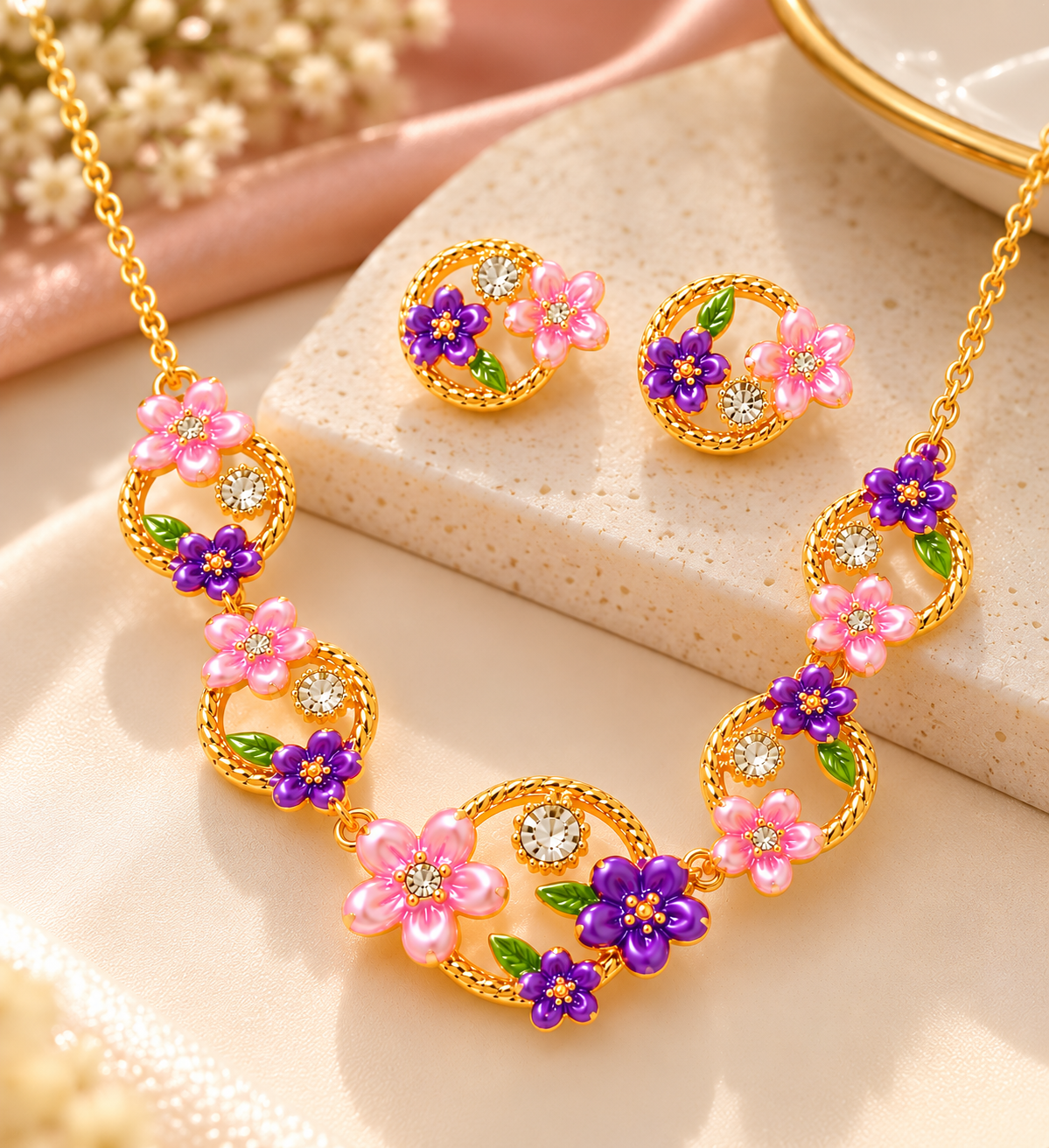 18K Gold-Finish Anti-Tarnish Purple & Pink Floral Circle Necklace Set