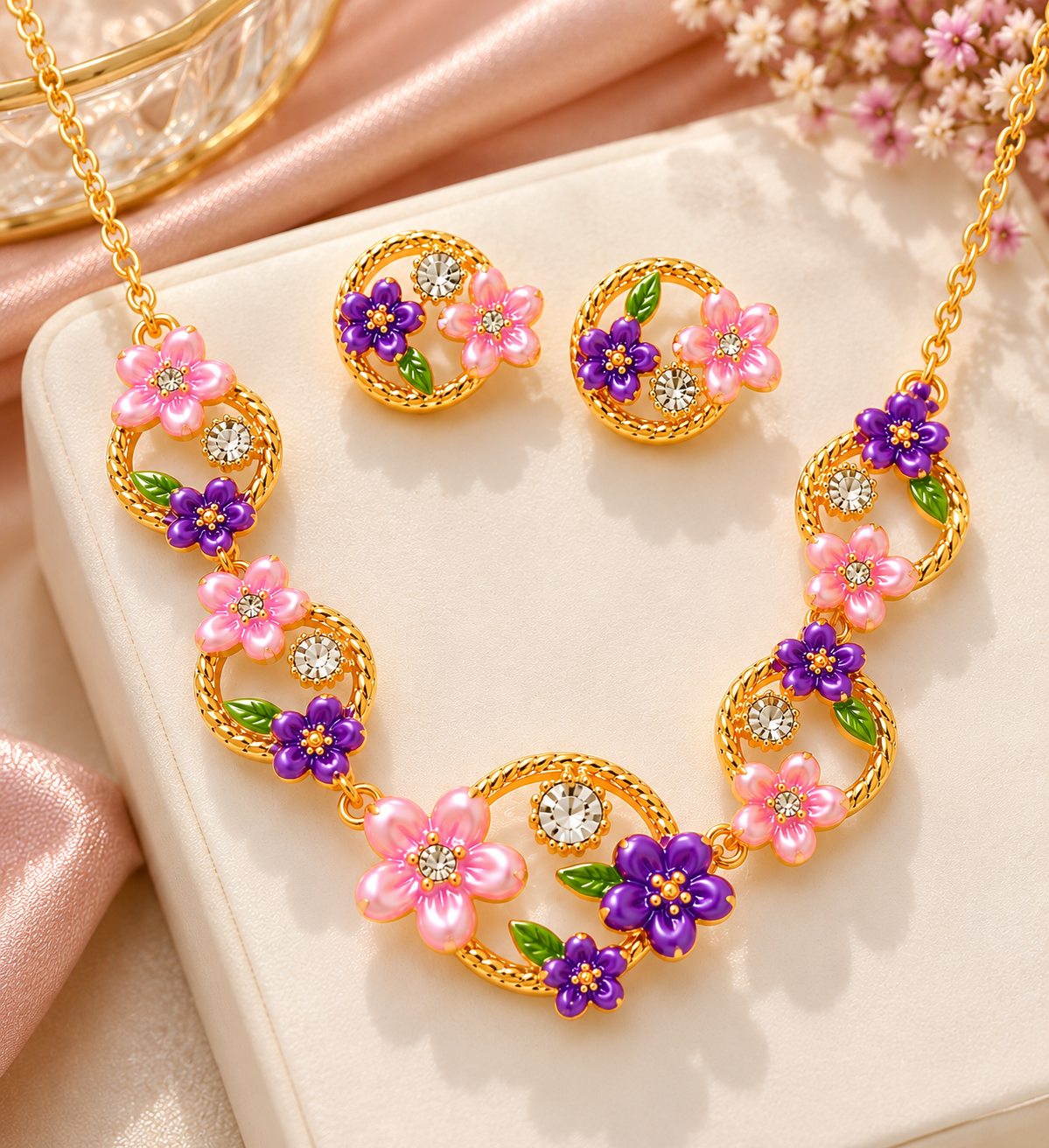 18K Gold-Finish Anti-Tarnish Purple & Pink Floral Circle Necklace Set