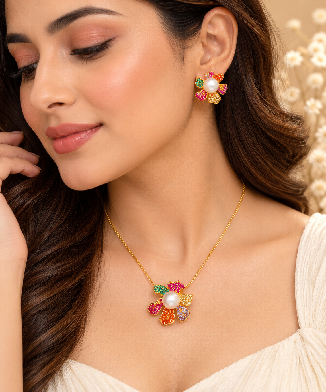18K Gold-Finish Anti-Tarnish Multicolour Pearl-Look Flower Necklace Set
