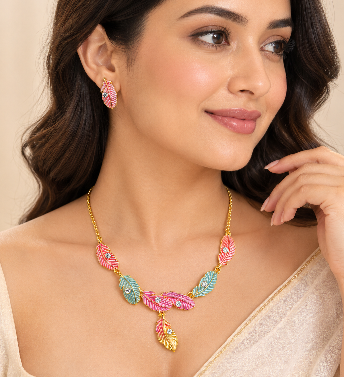 18K Gold-Finish Anti-Tarnish Multicolour Leaf Necklace & Earrings Set