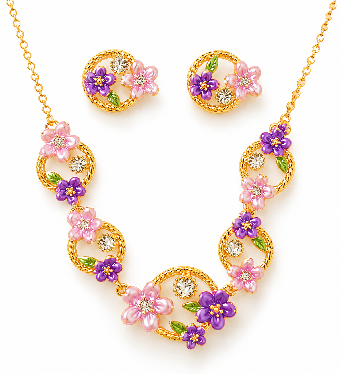 18K Gold-Finish Anti-Tarnish Purple & Pink Floral Circle Necklace Set