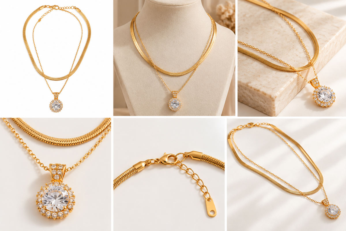 TEEYAKA Gold Layered Crystal Pendant Necklace