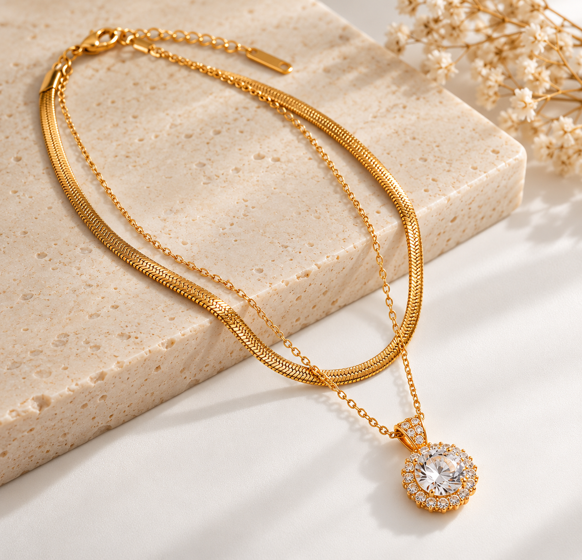 TEEYAKA Gold Layered Crystal Pendant Necklace