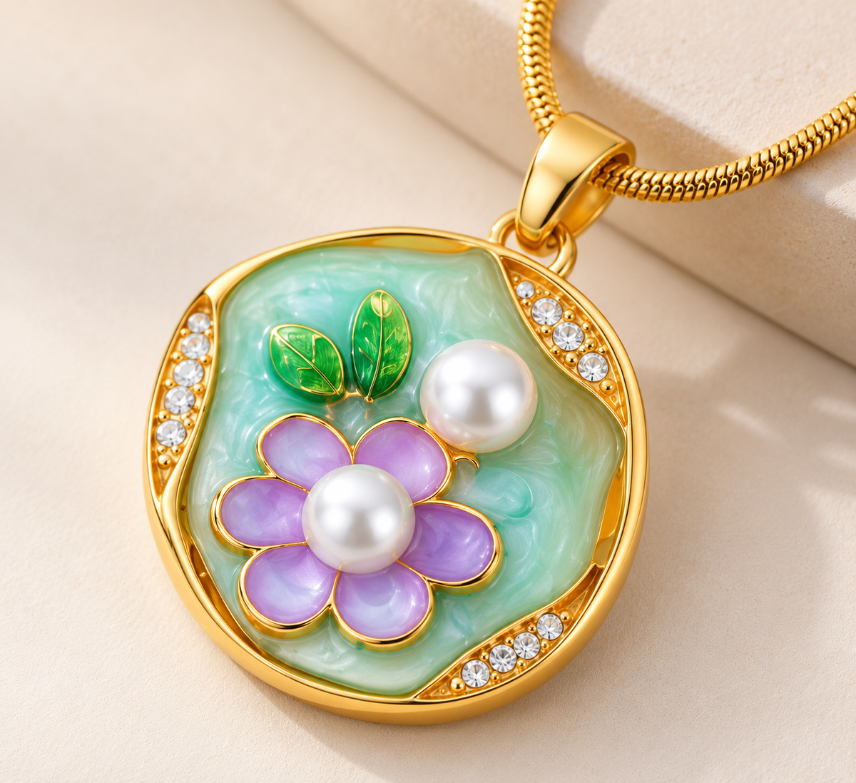 TEEYAKA Mint Green & Lavender Floral Pendant Necklace – Stainless Steel