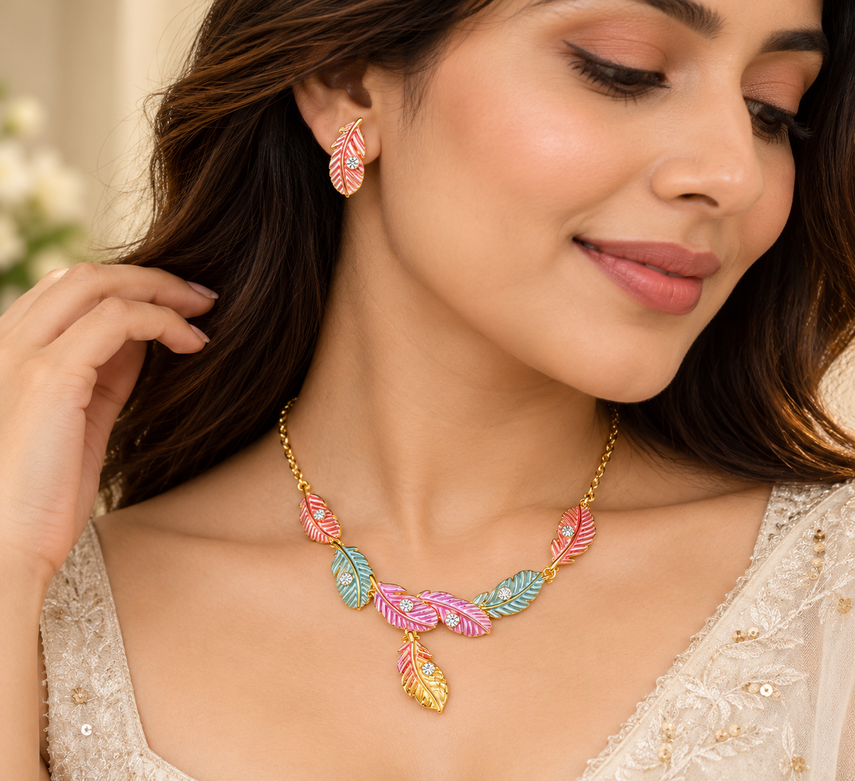 18K Gold-Finish Anti-Tarnish Multicolour Leaf Necklace & Earrings Set