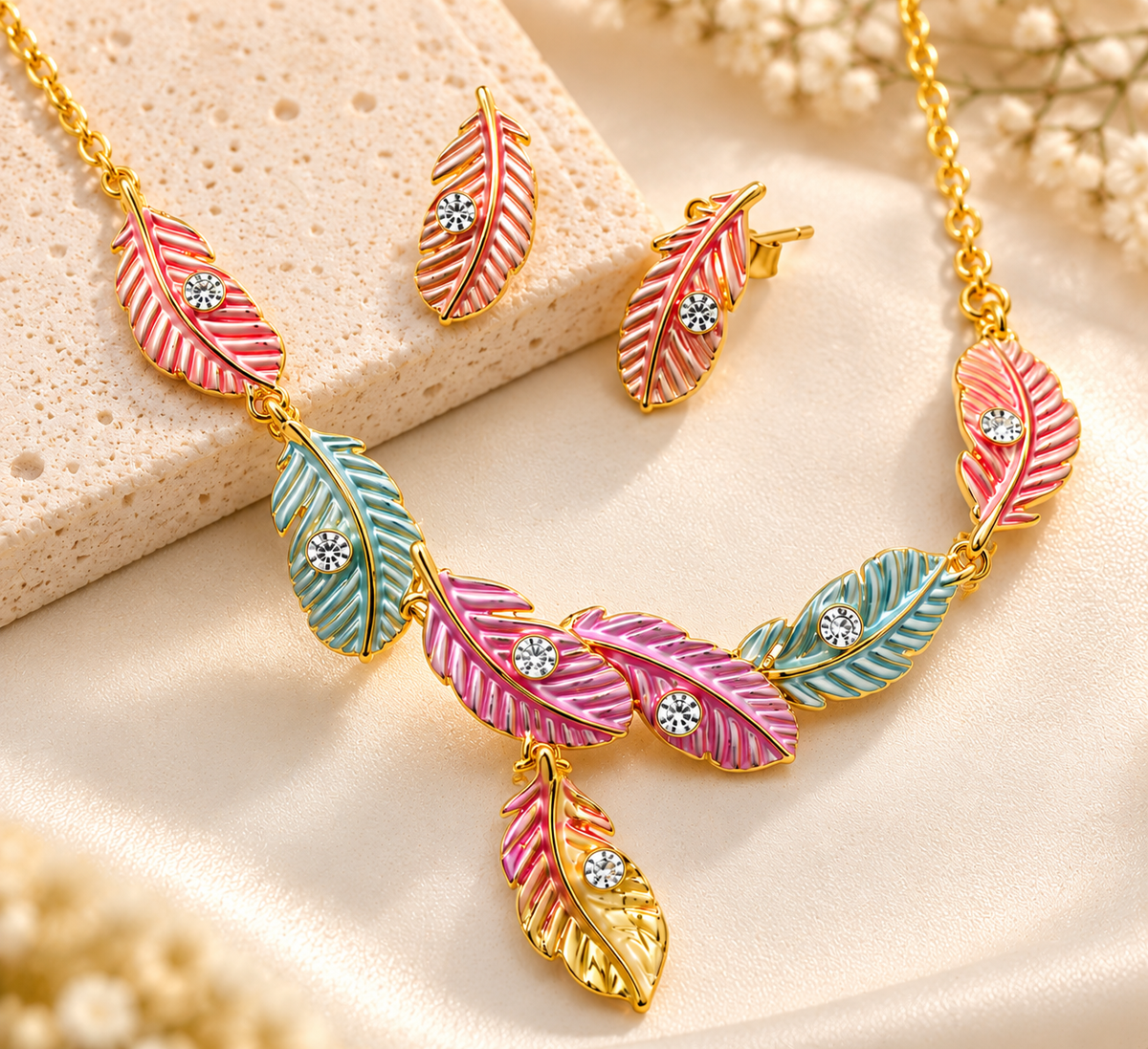 18K Gold-Finish Anti-Tarnish Multicolour Leaf Necklace & Earrings Set