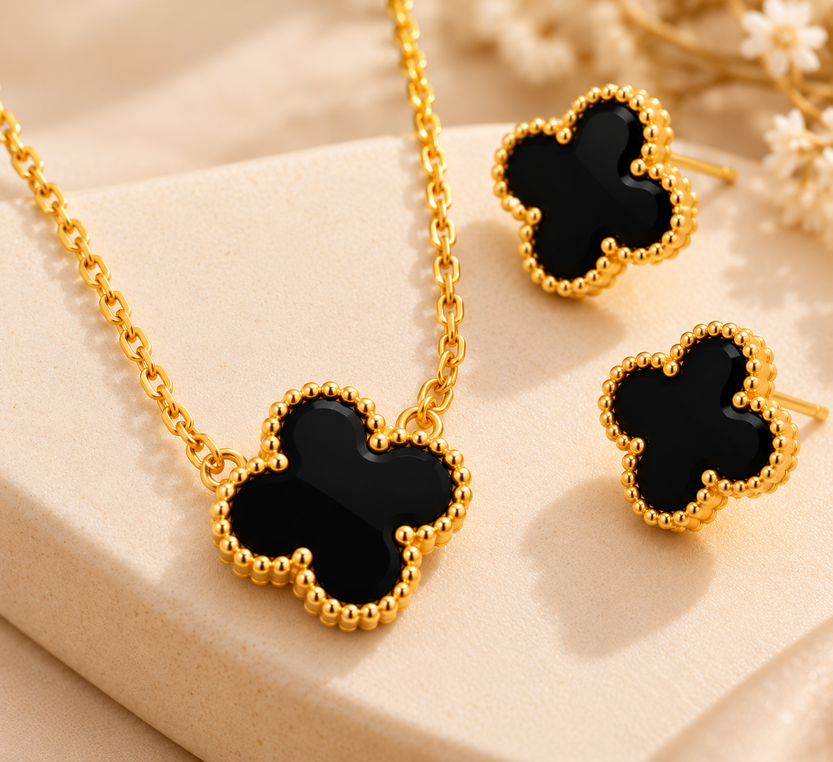 18K Gold-Finish Anti-Tarnish Black Clover Necklace & Earrings Set