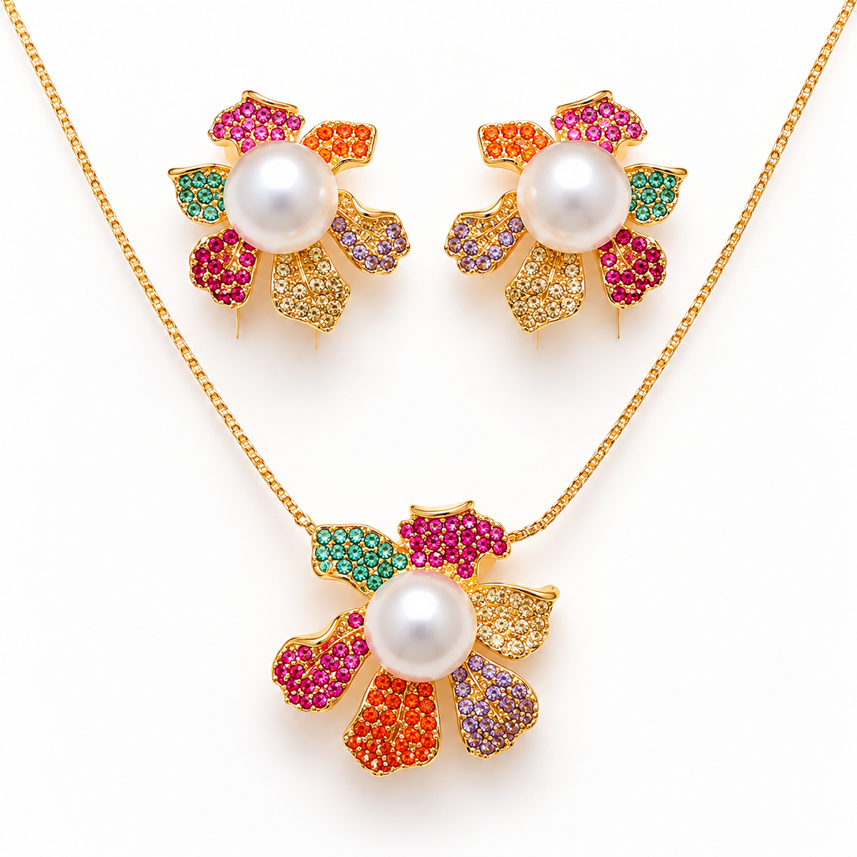 18K Gold-Finish Anti-Tarnish Multicolour Pearl-Look Flower Necklace Set