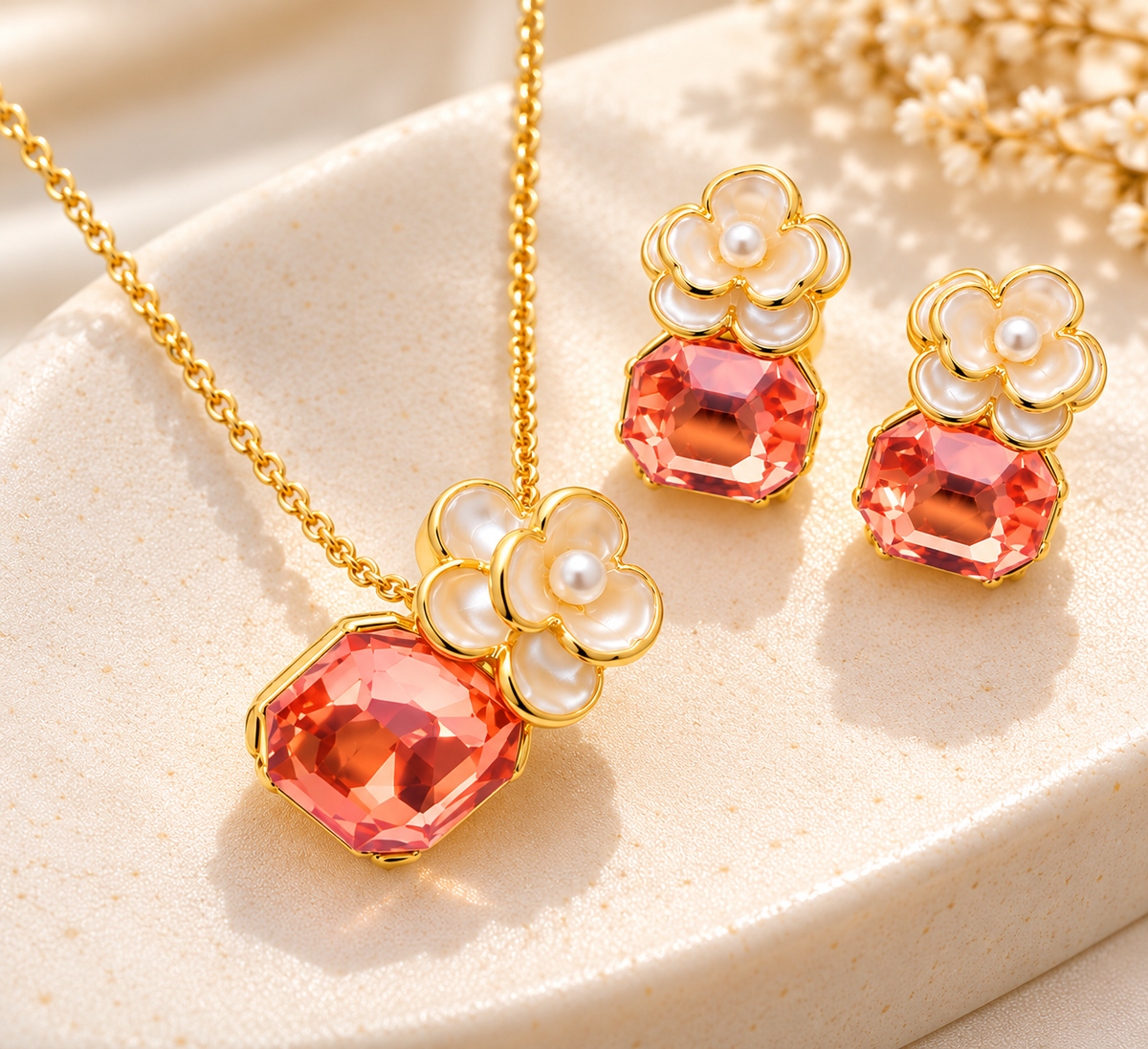 18K Gold-Finish Anti-Tarnish Peach-Pink & Pearl-Look Flower Necklace Set
