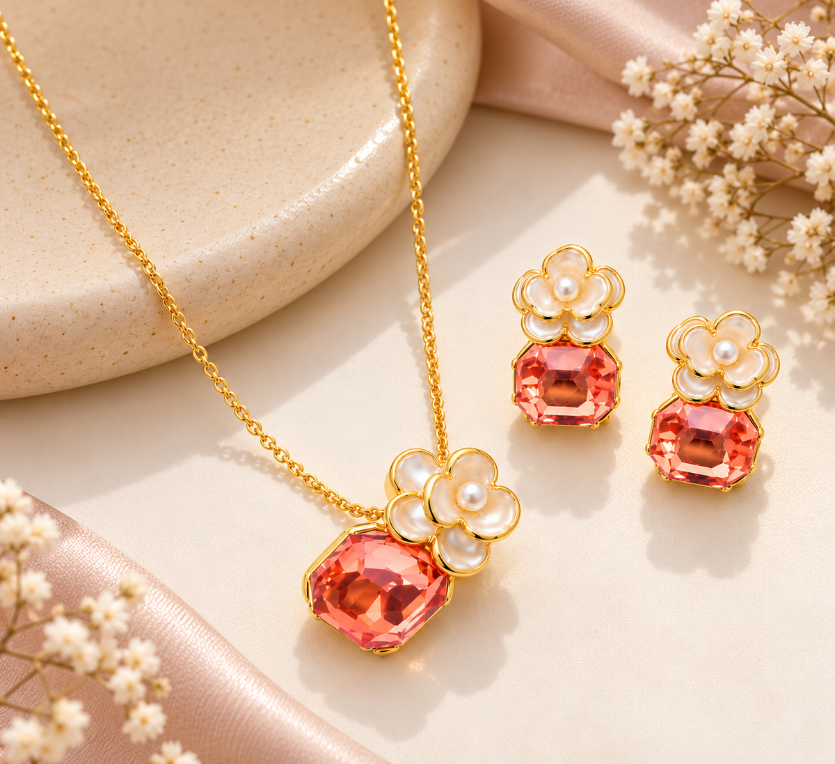 18K Gold-Finish Anti-Tarnish Peach-Pink & Pearl-Look Flower Necklace Set