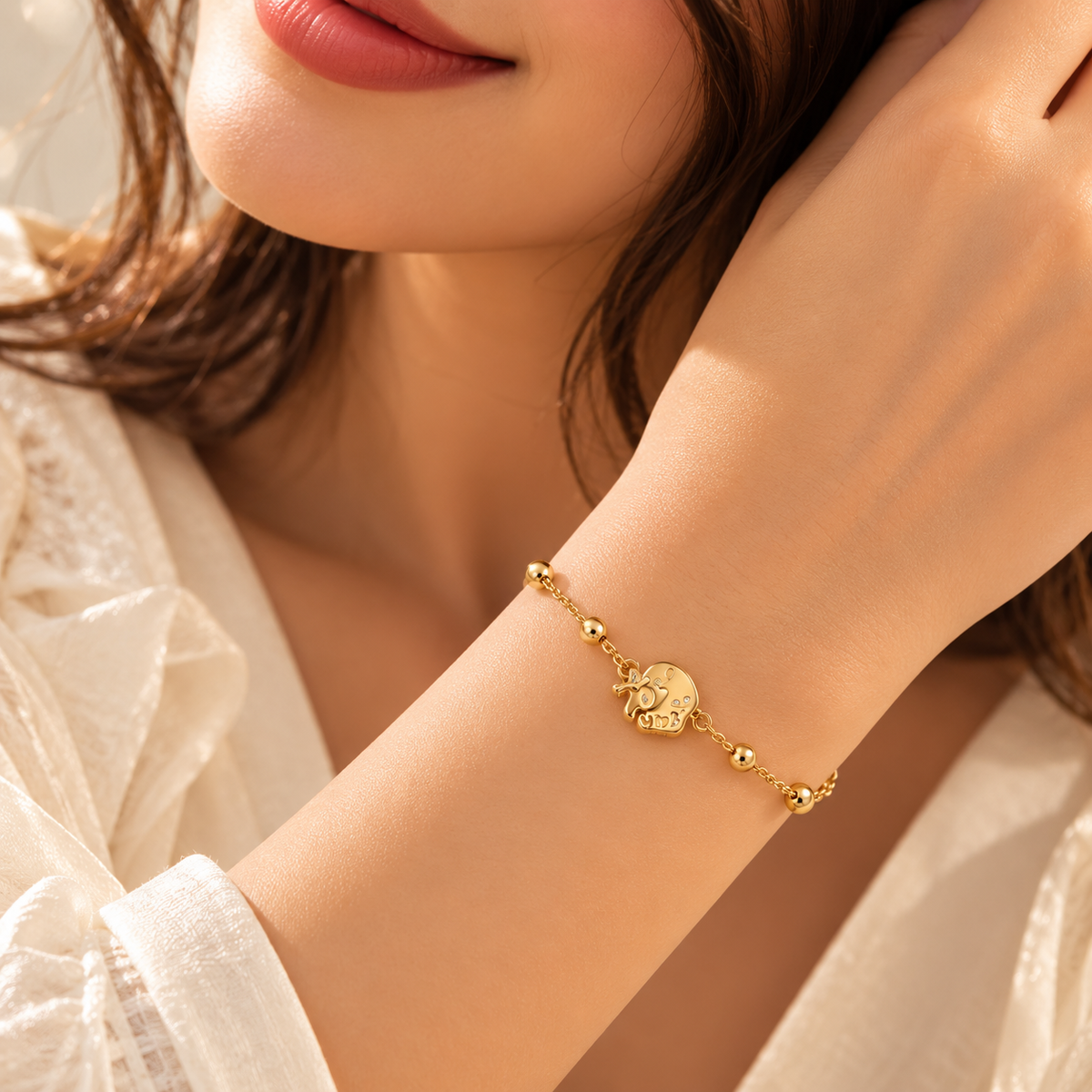 Little Elephant Gold-Tone Beaded Charm Bracelet