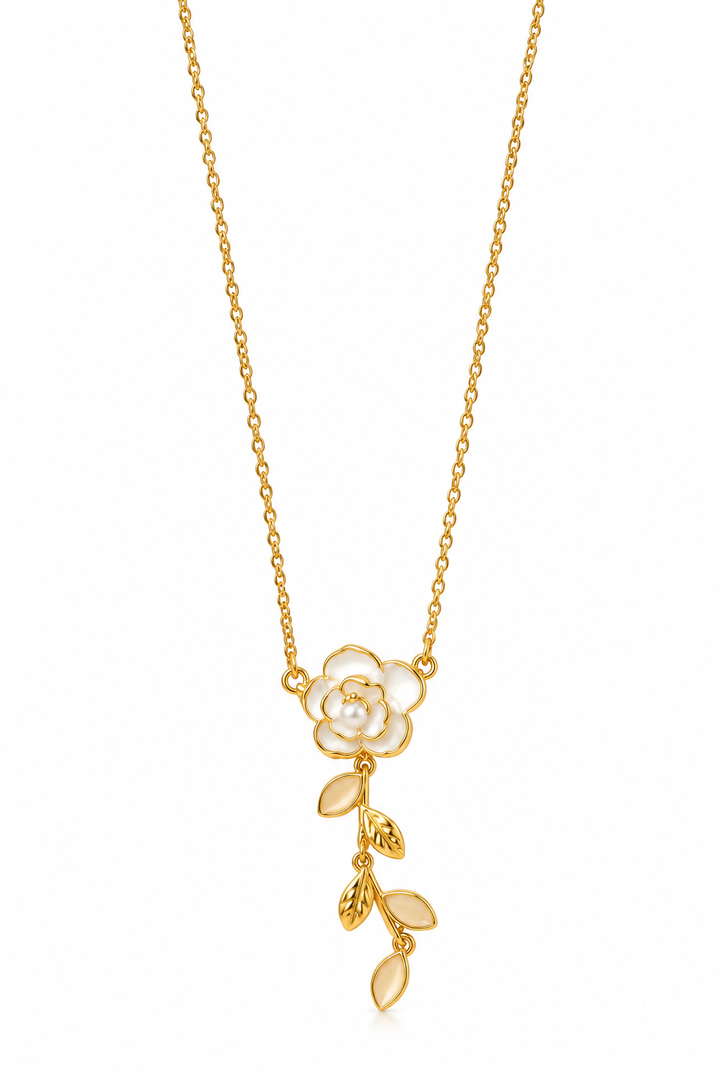 18K Gold-Finish Anti-Tarnish White Flower & Leaf Necklace