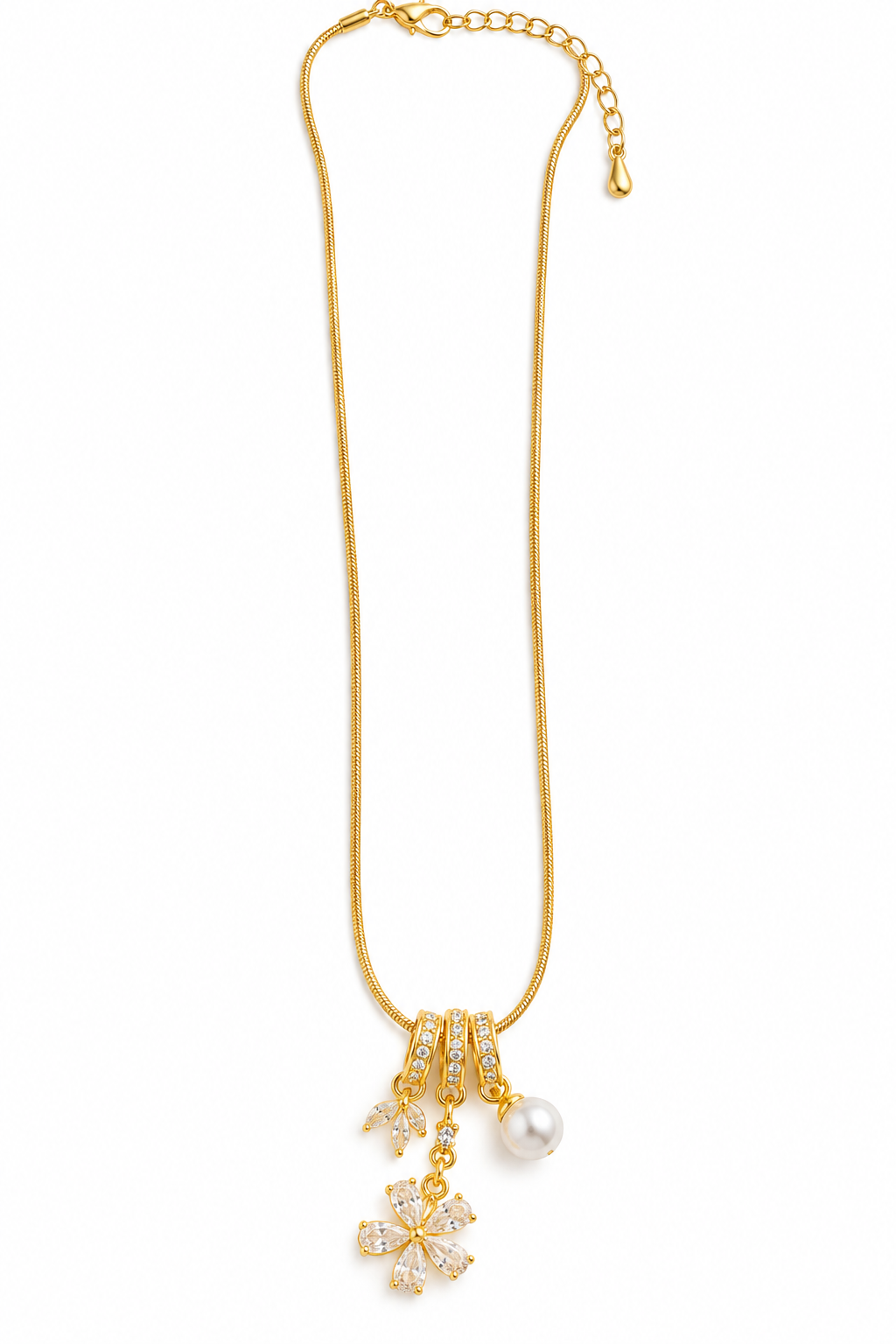 TEEYAKA Crystal Flower & Pearl Charm Pendant Necklace – Stainless Steel