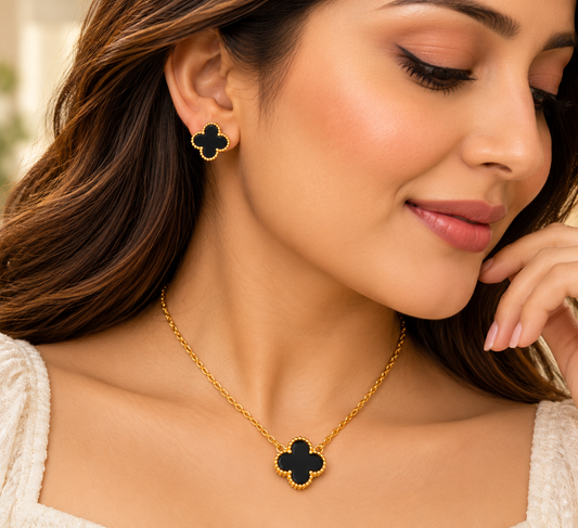 18K Gold-Finish Anti-Tarnish Black Clover Necklace & Earrings Set