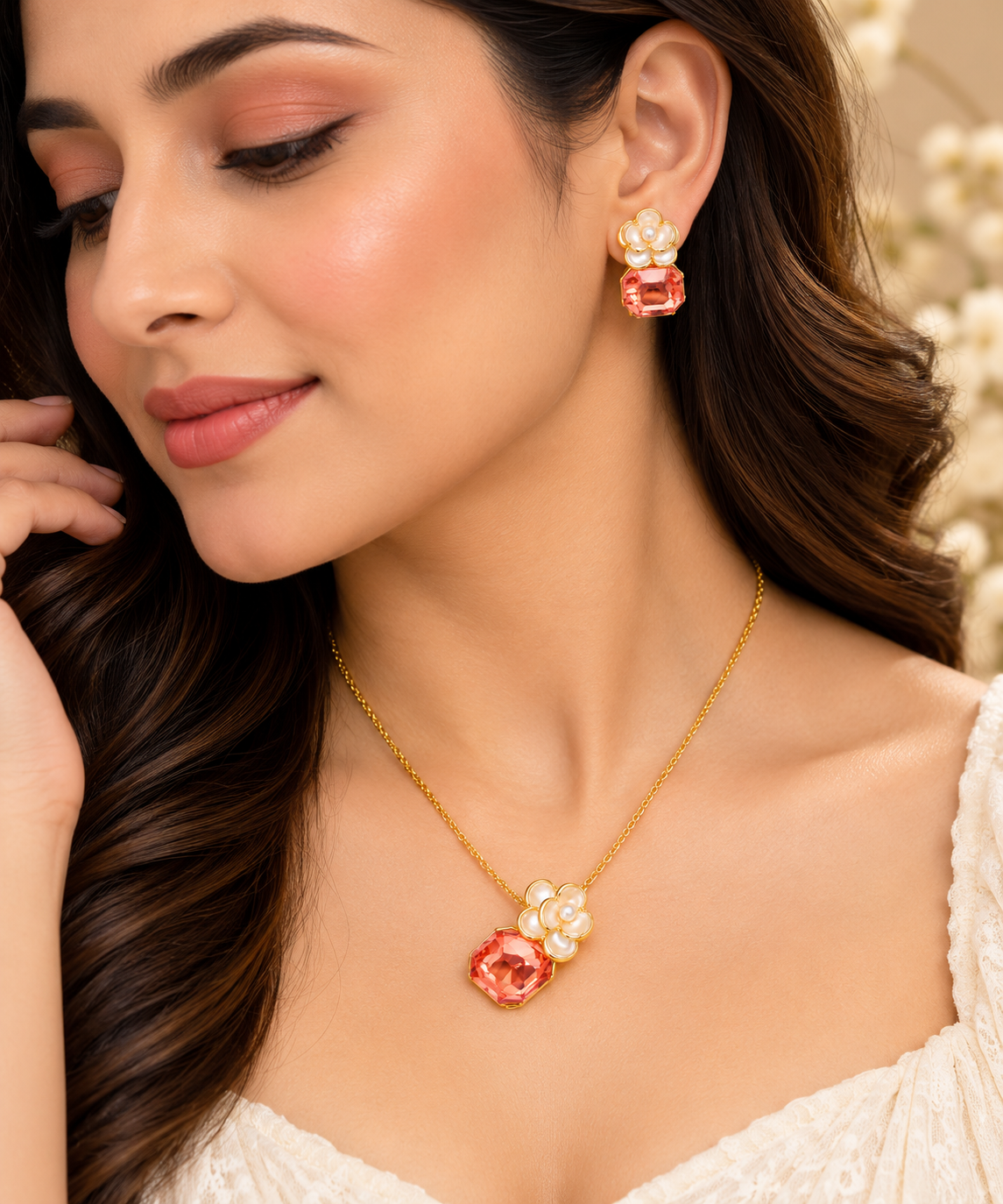 18K Gold-Finish Anti-Tarnish Peach-Pink & Pearl-Look Flower Necklace Set