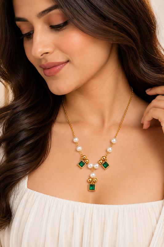 TEEYAKA Emerald Green Pearl Charm Necklace – Stainless Steel