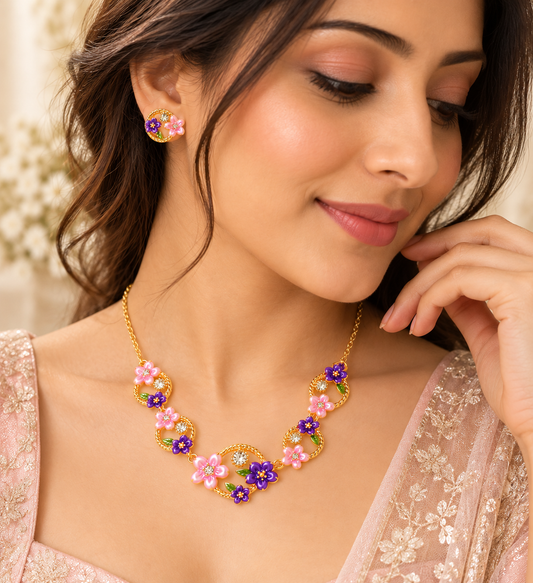18K Gold-Finish Anti-Tarnish Purple & Pink Floral Circle Necklace Set