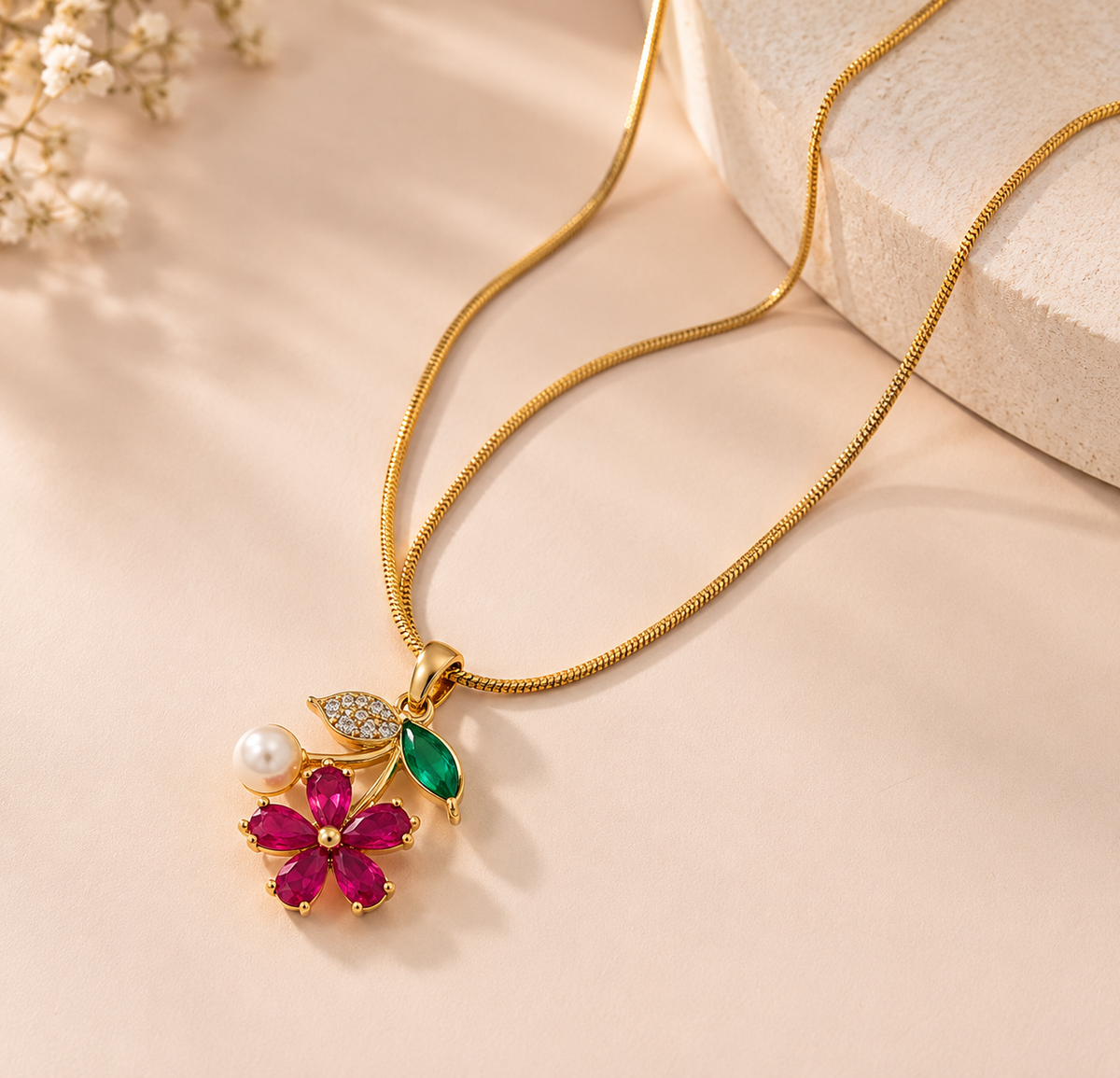 TEEYAKA Floral Bloom Gold Pendant Necklace – Stainless Steel