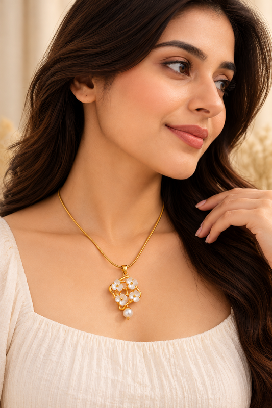 Anti-Tarnish Gold-Tone White Floral Pendant Necklace