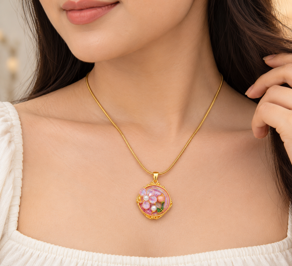 TEEYAKA Floral Bloom Pink & Green Pendant Necklace – Stainless Steel