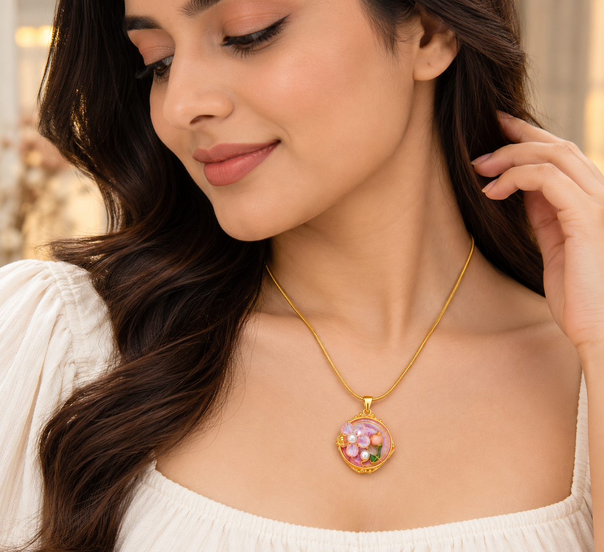 TEEYAKA Floral Bloom Pink & Green Pendant Necklace – Stainless Steel