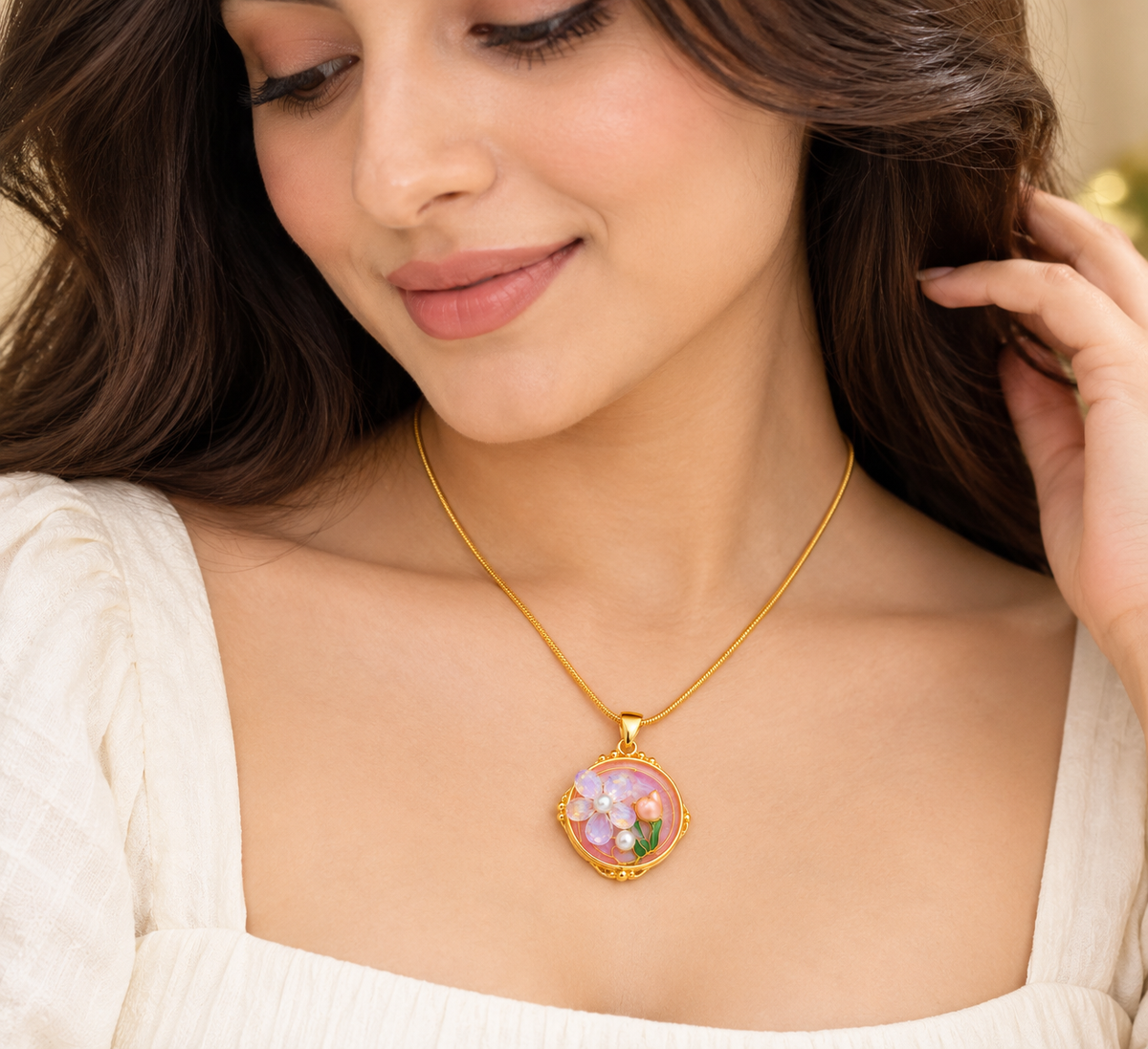 TEEYAKA Floral Blossom Pink & Lavender Pendant Necklace – Stainless Steel