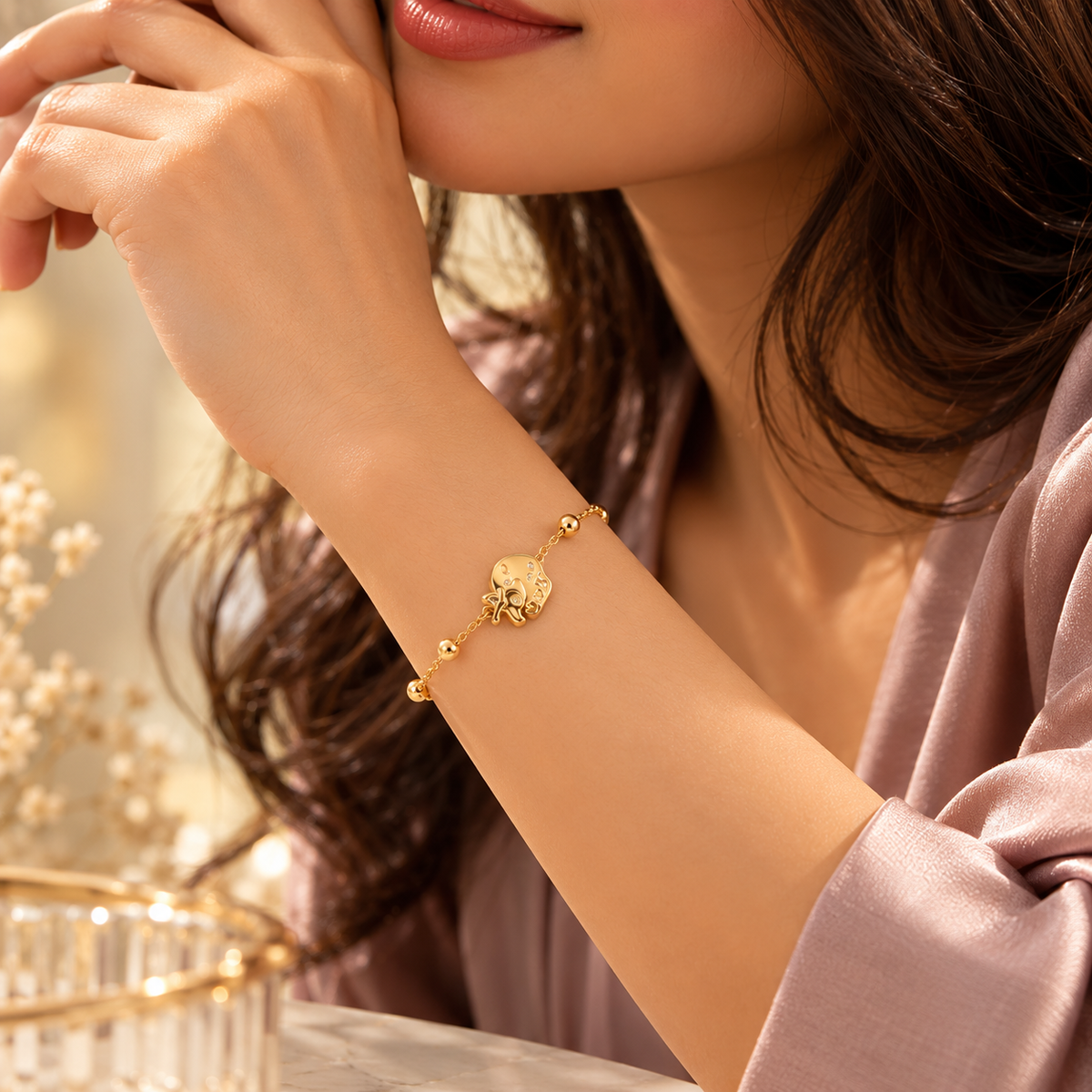 Little Elephant Gold-Tone Beaded Charm Bracelet