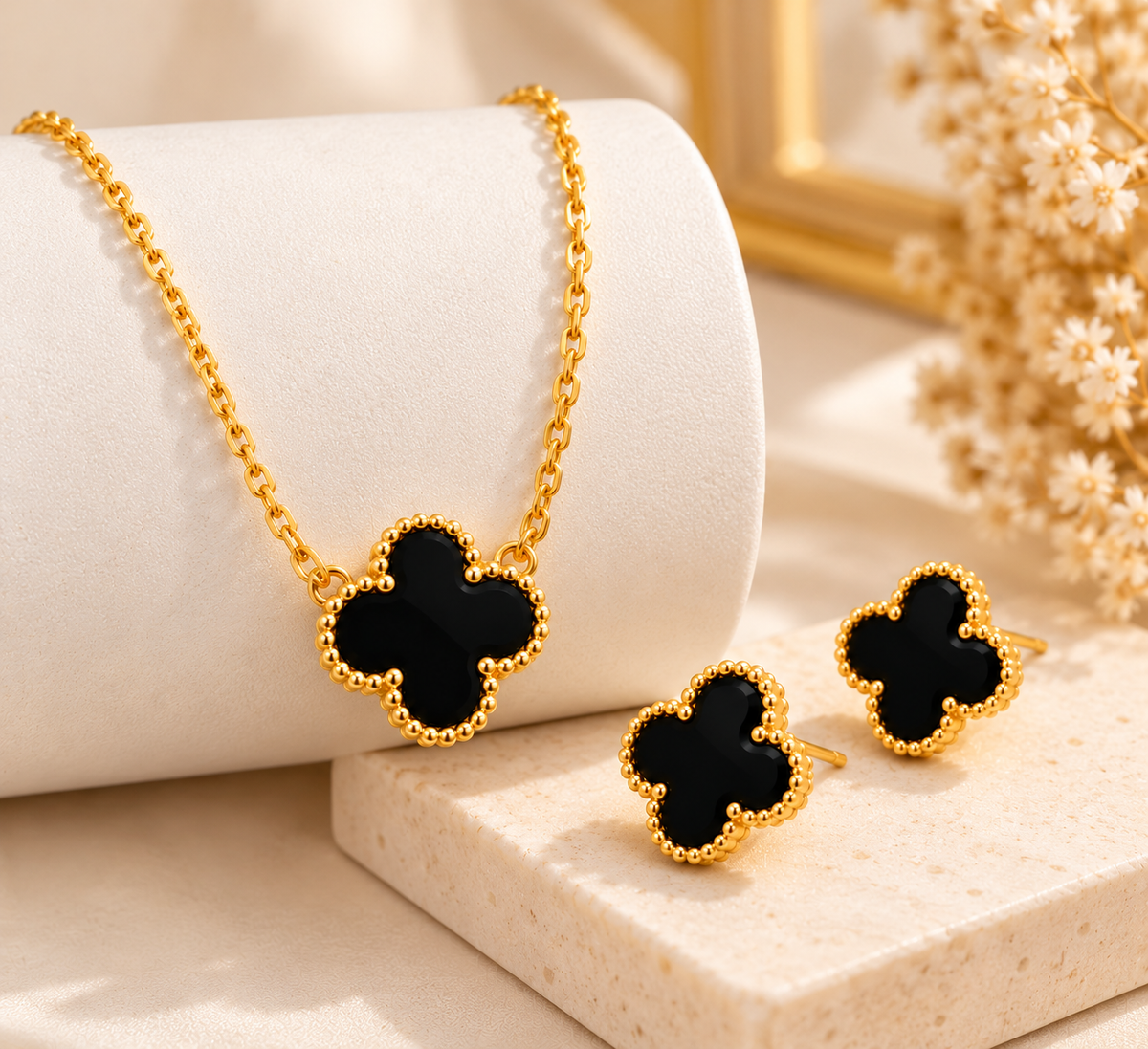 18K Gold-Finish Anti-Tarnish Black Clover Necklace & Earrings Set