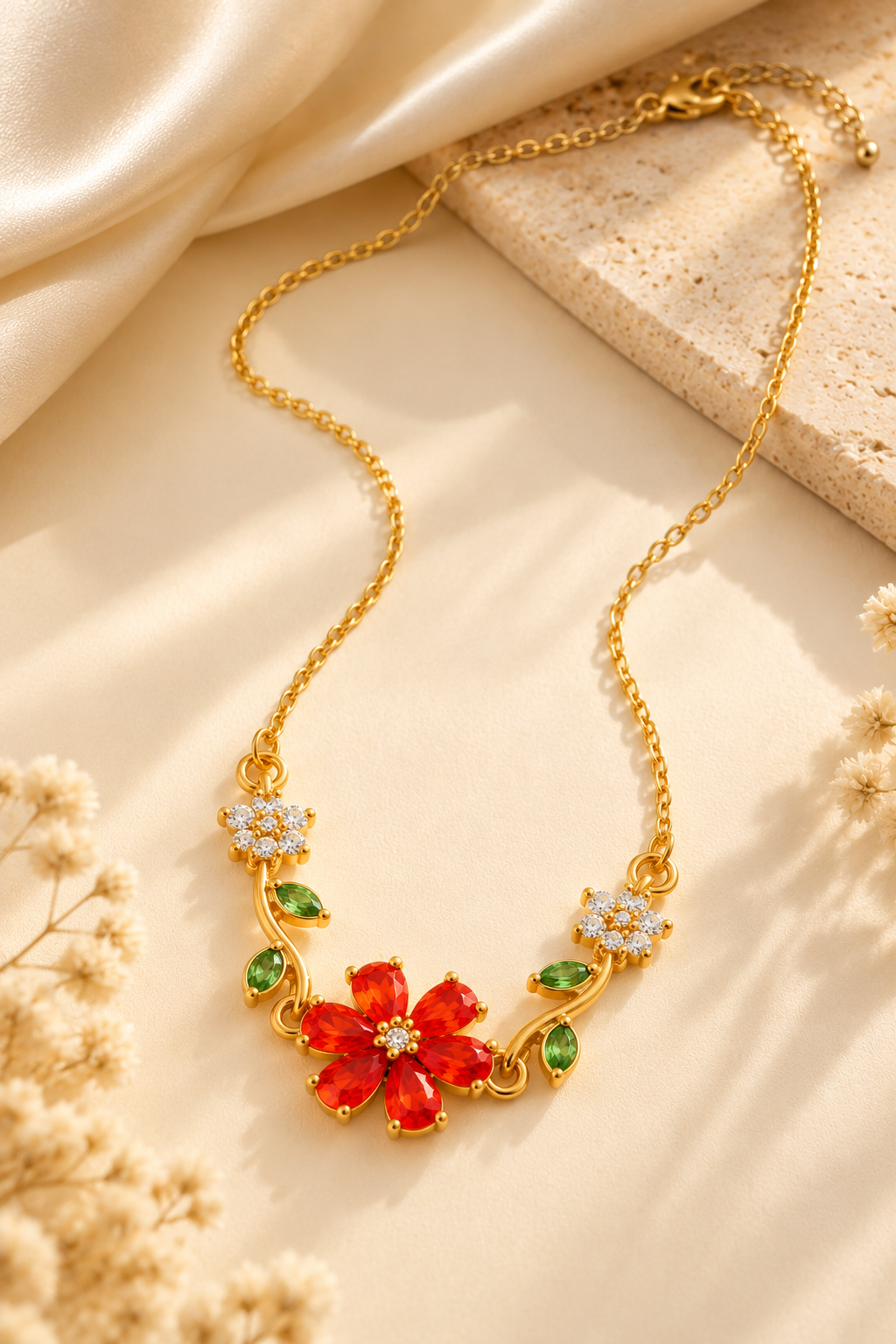 Anti-Tarnish Gold-Tone Red Flower Necklace
