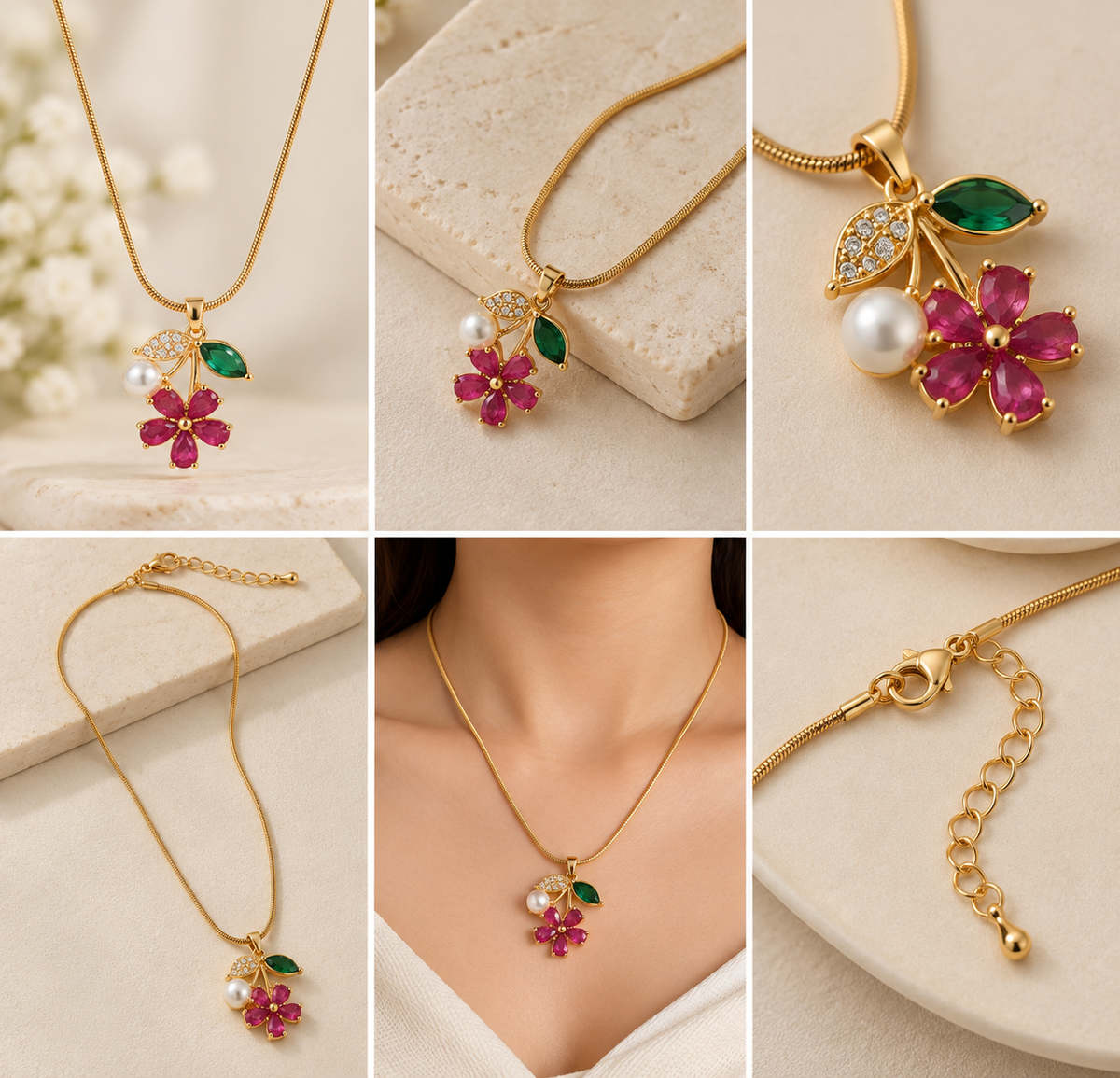 TEEYAKA Floral Bloom Gold Pendant Necklace – Stainless Steel