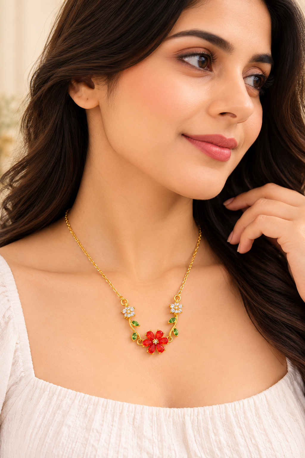 Anti-Tarnish Gold-Tone Red Flower Necklace