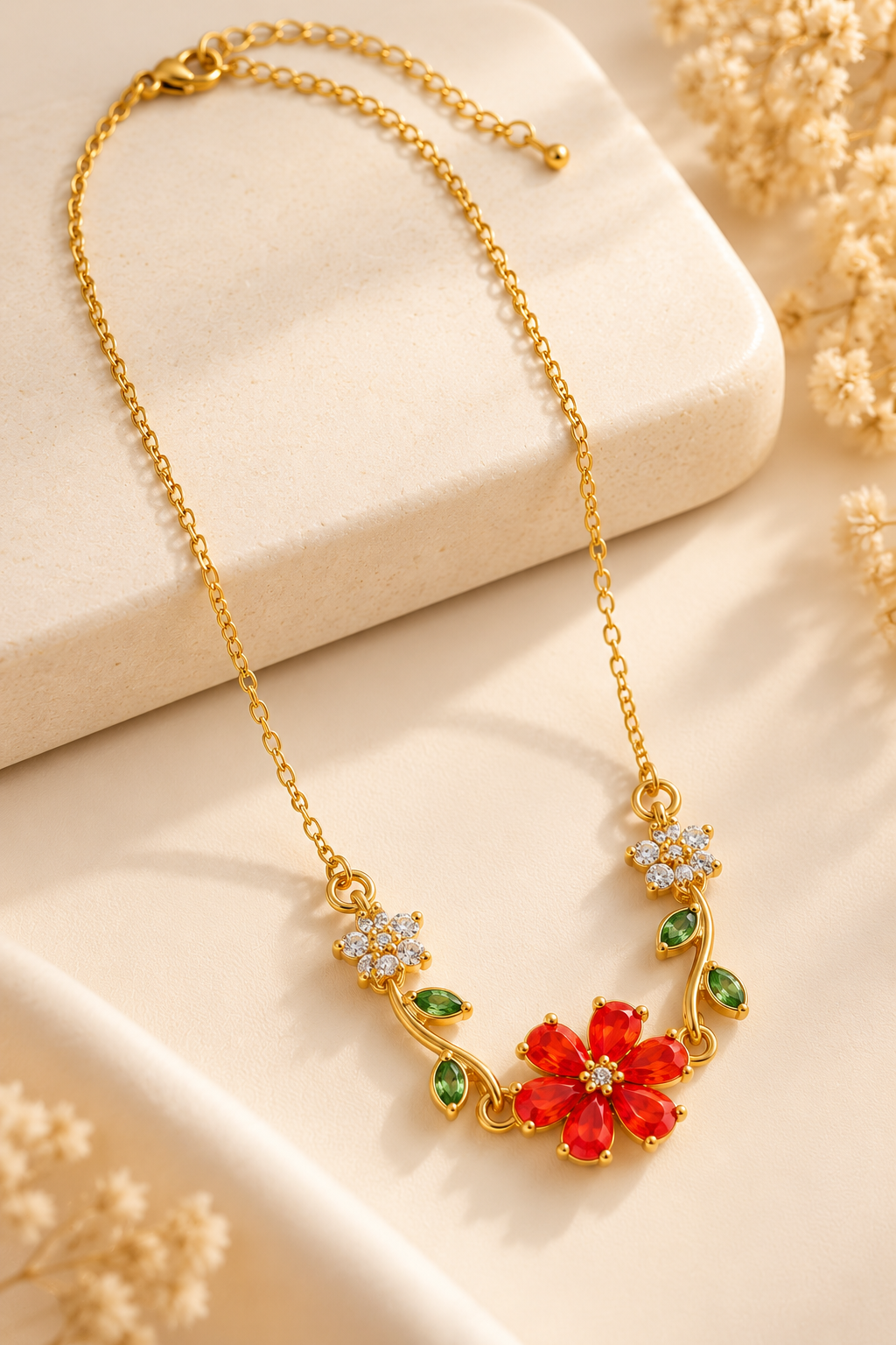 Anti-Tarnish Gold-Tone Red Flower Necklace