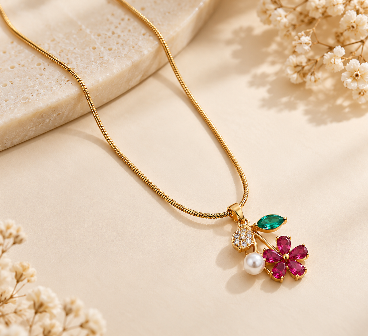 TEEYAKA Floral Bloom Gold Pendant Necklace – Stainless Steel