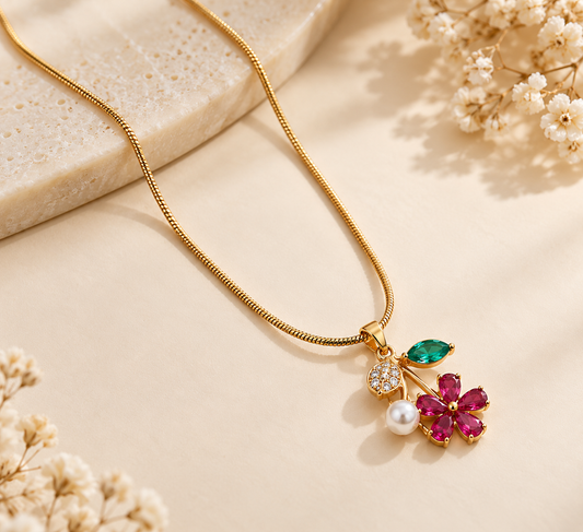 TEEYAKA Floral Bloom Gold Pendant Necklace – Stainless Steel