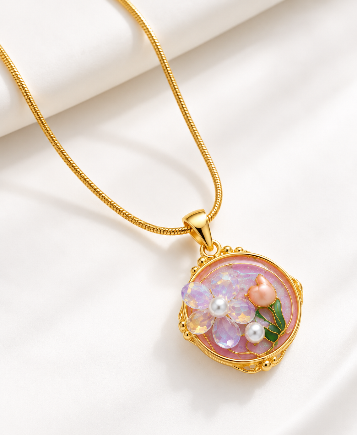 TEEYAKA Floral Blossom Pink & Lavender Pendant Necklace – Stainless Steel
