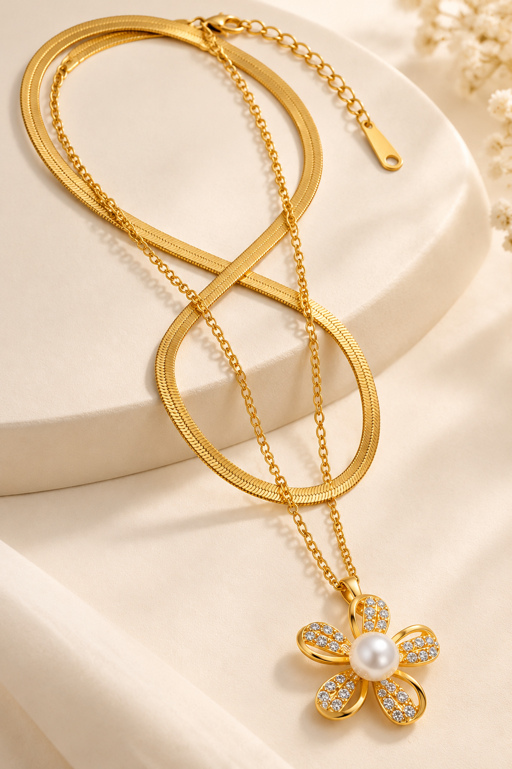 Gold Floral Pearl Layered Necklace | TEEYAKA