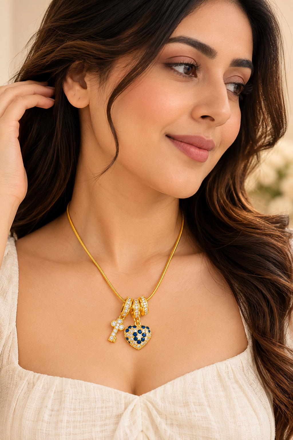 Anti-Tarnish Gold-Tone Black & Clear Charm Necklace