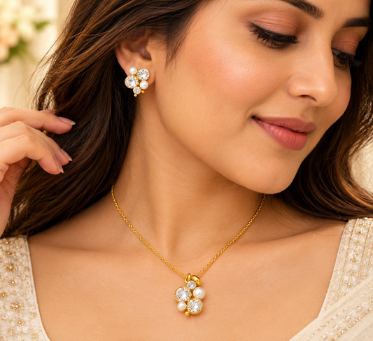 18K Gold-Finish Anti-Tarnish Sparkle & Pearl-Look Cluster Necklace Set