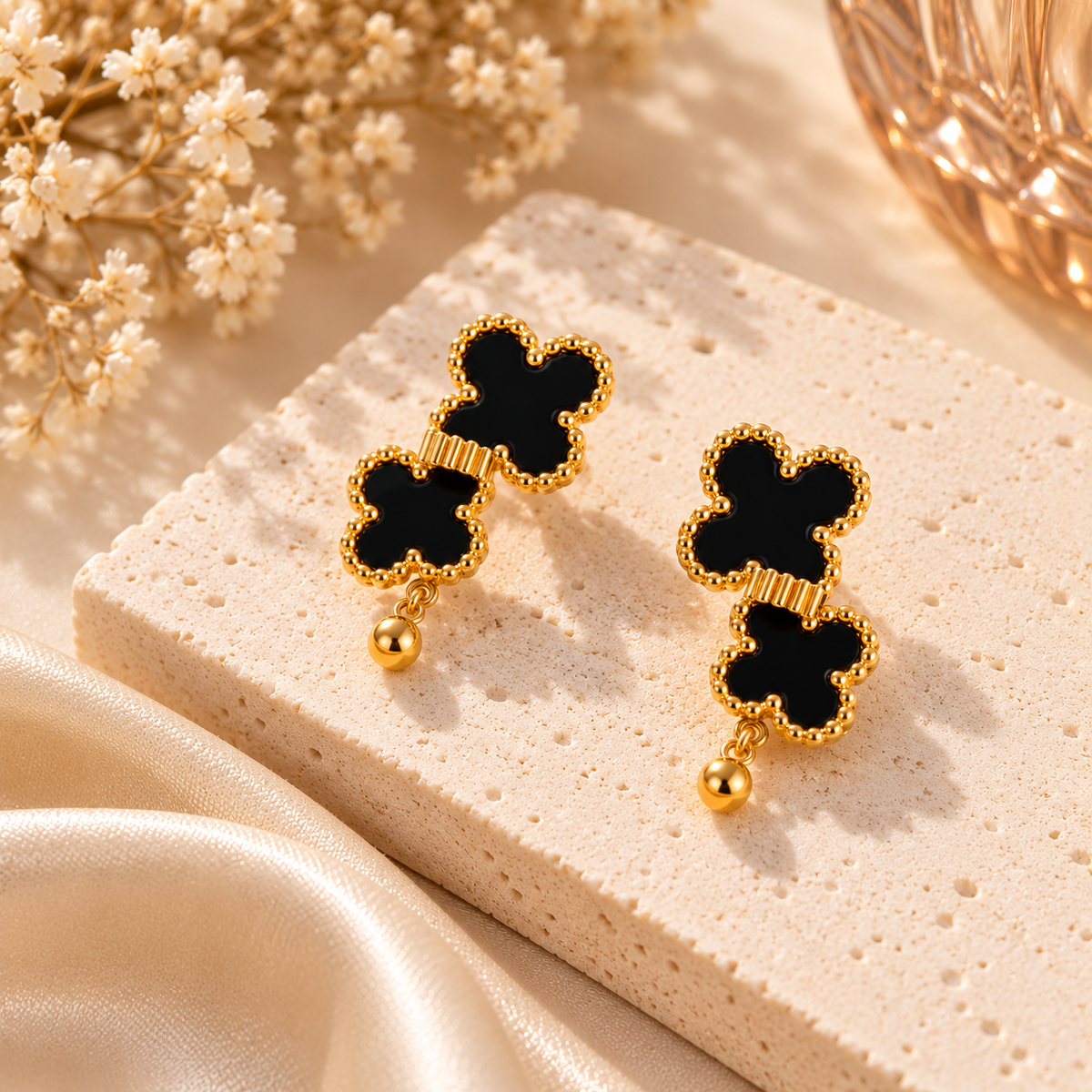 Midnight Clover Gold-Tone Drop Earrings
