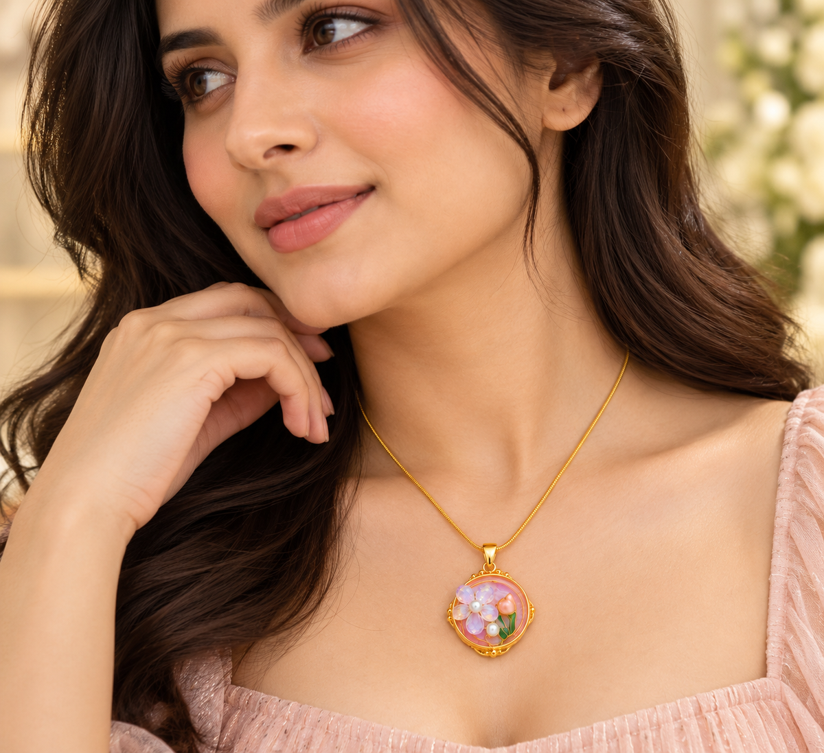 TEEYAKA Floral Blossom Pink & Lavender Pendant Necklace – Stainless Steel