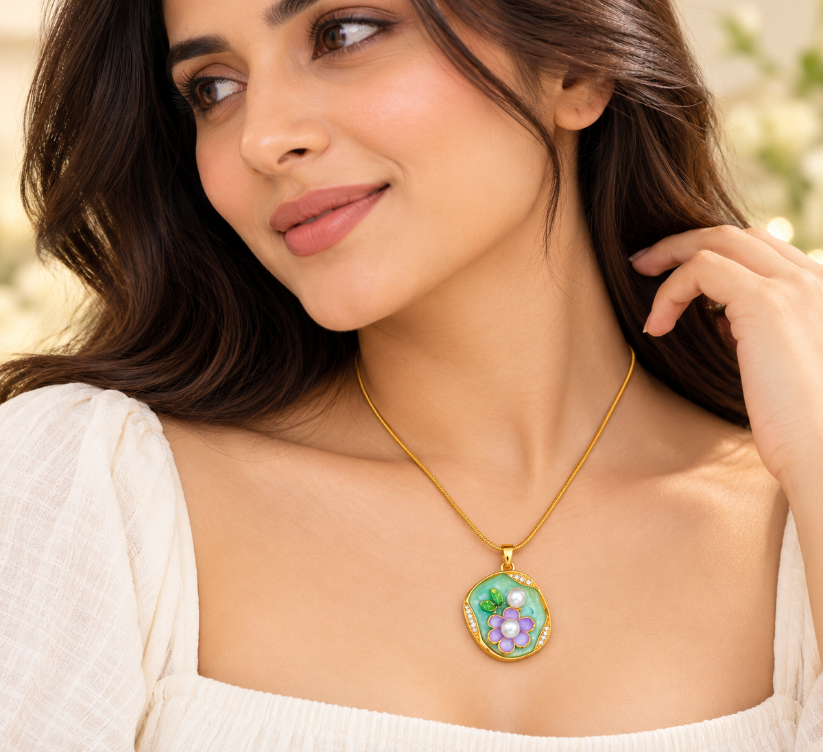 TEEYAKA Mint Green & Lavender Floral Pendant Necklace – Stainless Steel