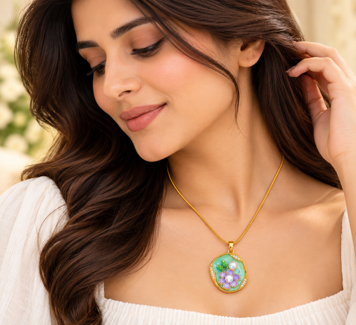 TEEYAKA Mint Green & Lavender Floral Pendant Necklace – Stainless Steel