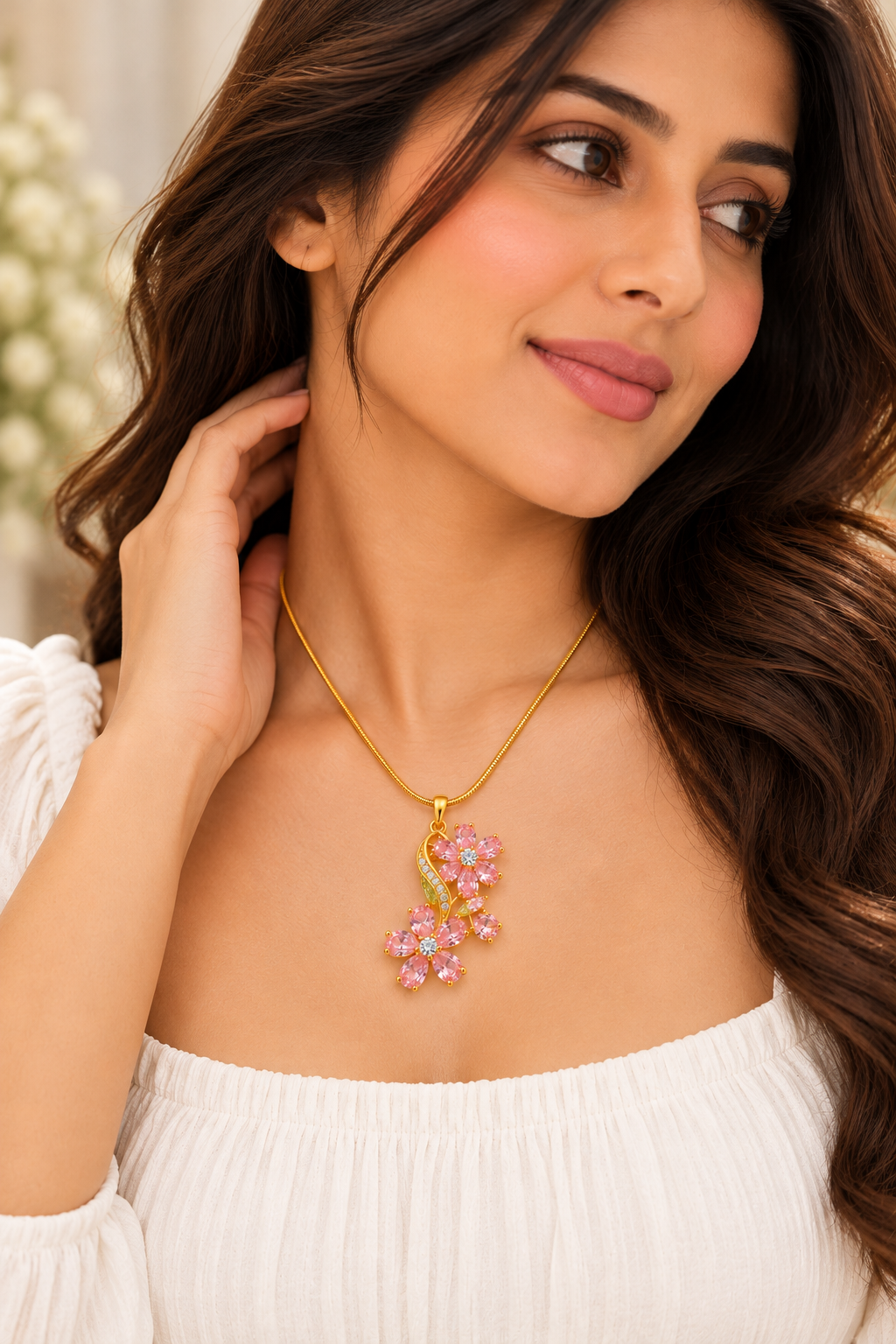 TEEYAKA Pink Floral Vine Pendant Necklace – Steel