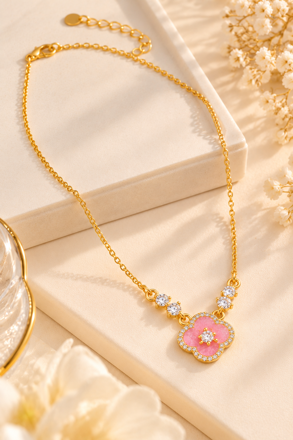 18K Gold-Finish Anti-Tarnish Pink Round Pendant Necklace