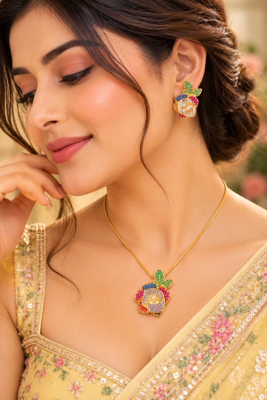 18K Gold-Finish Anti-Tarnish Multicolour Rose Necklace & Earrings Set