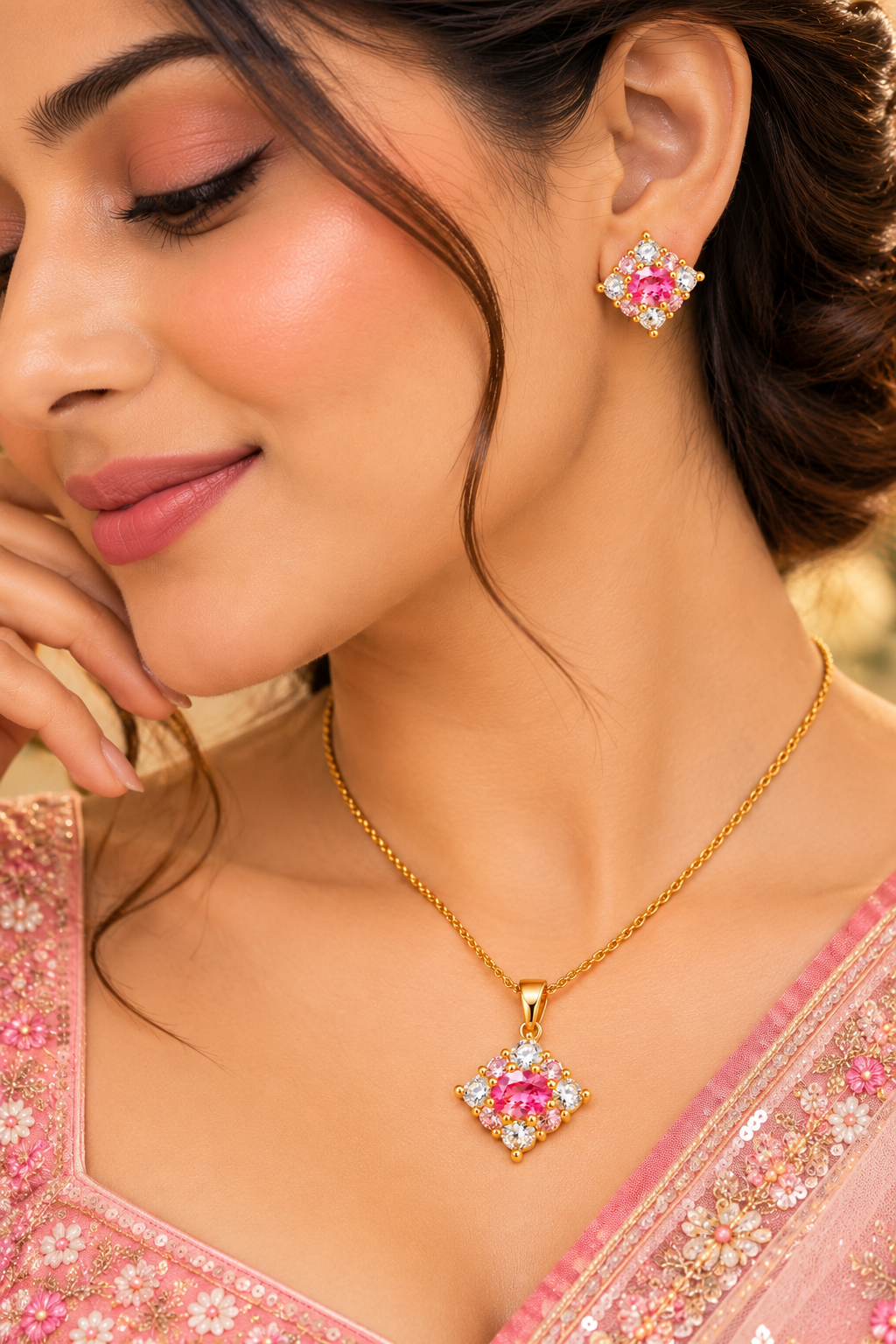 18K Gold-Finish Anti-Tarnish Pink Sparkle Necklace & Earrings Set