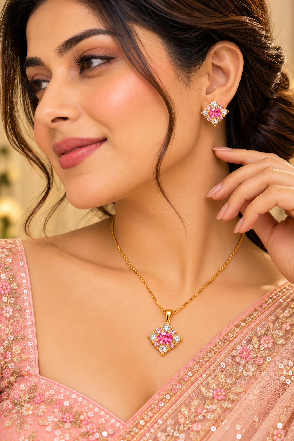 18K Gold-Finish Anti-Tarnish Pink Sparkle Necklace & Earrings Set